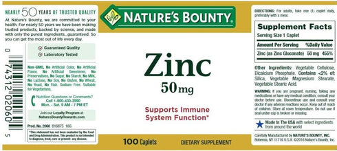 Nature's Bounty Zinc 50 mg Caplets, 100 Count, Pack of 2