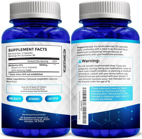 We Like Vitamins Berberine 1200mg Pure Max Strength, 180 Gluten-Free Vegetarian Capsules