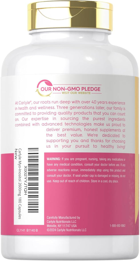 Carlyle Myo-Inositol 2600mg - Extra Strength Supplement, 180 Capsules, Non-GMO, Gluten Free
