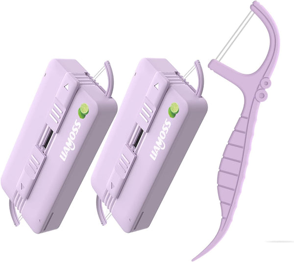 Shred Resistant Twin Line Dental Floss Picks Dispenser, 2 Box Lime Flavor Portable Case for Oral Care (Purple)