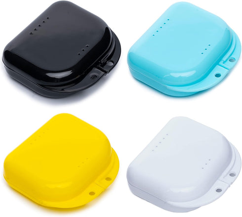 BOOMIBOO Retainer Case with Vent Holes, 4 Pcs Durable Denture Cases in Black, White, Yellow, and Blue