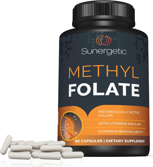 Sunergetic Premium Methyl Folate Supplement – Methylated Vitamin B12 and B6, 400 mcg per Capsule – 60 Capsules