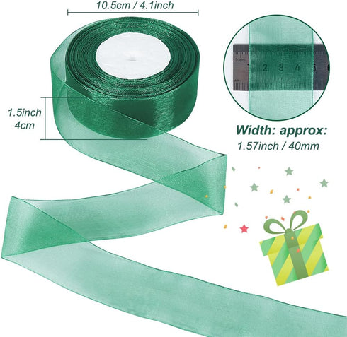 Green Sheer Ribbon, 50 Yards 1-1/2 inch Wide Shimmer Sheer Organza Ribbon for Bow Making, Gift Wrapping, Box Packaging, Crafting, Christmas Decoration and More by Tenn Well