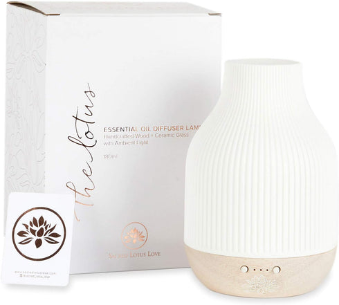 Settings Sacred Lotus Love Ceramic Essential Oil Diffuser Ultrasonic Aroma Diffuser with Wood Base, Ambient LED Light