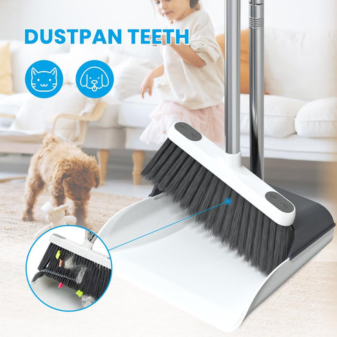 Stand Up Dustpan and Broom Set, 50” Long Handle Broom with Dust Pan, 20° Angled for Ergonomic Home Office Indoor