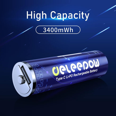 Deleepow 3400mWh Rechargeable AA Lithium Batteries 1500 Cycle with USB C Cable, 4-Pack