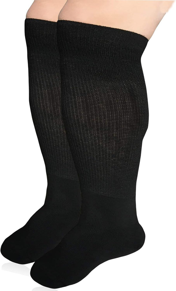 Extra Width Diabetic Socks for Lymphedema - Bariatric Non Binding Knee High Sock for Swollen Feet, 2 Pairs