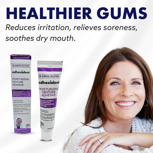 Dr. B Dental Solutions Adhesadent Moisturizing Denture Adhesive - Secure Denture Glue, Zinc-Free, 2.4 oz