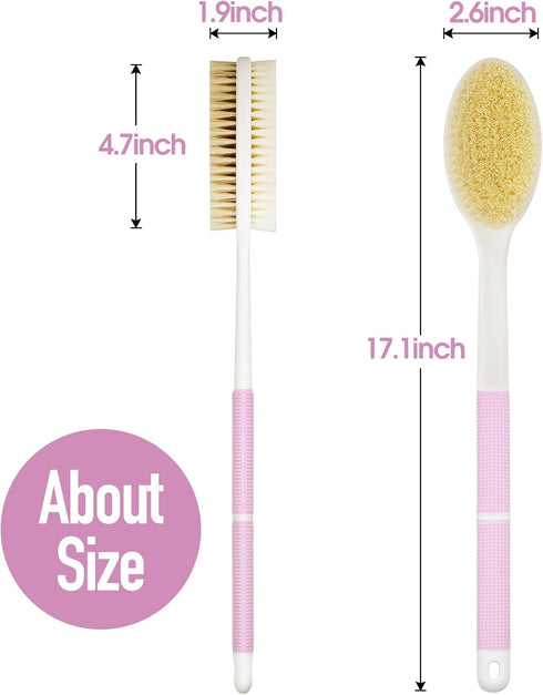 Anti-Slip Body Scrubber for Shower - Long Handle Exfoliating Back Brush with Stiff and Soft Bristles (Pink)