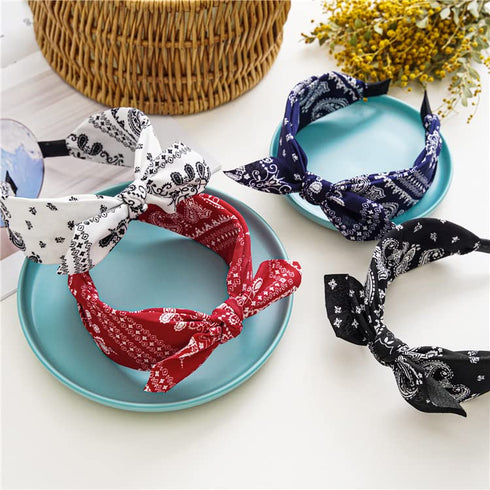 Paisley Print Wide Bow Headbands for Women, Cute Knot Hair Accessories (Style 1: Red, White, Navy, Black)
