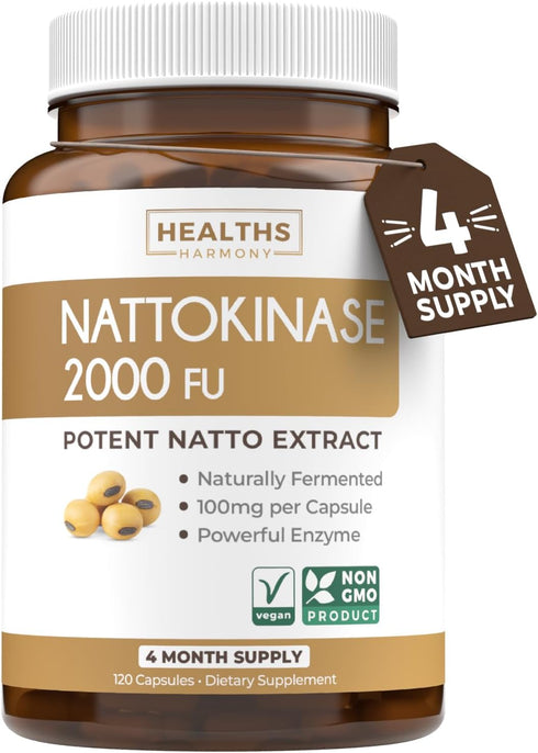 Healths Harmony Nattokinase 2000 FU - Powerful Nattokinase Supplement from Naturally Fermented Soybeans (120 Vegan