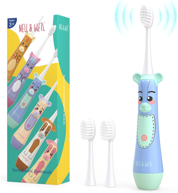 NELL&WELL Kids Electric Toothbrush, 2-Min Timer, 3 Modes, IPX 7 Waterproof, Battery Powered for Ages 3+