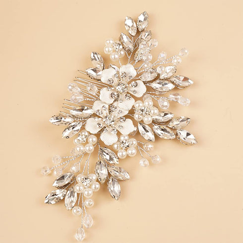 Silver Flower Rhinestones Beads Hair Comb | Wedding Bridal Hair Piece | Hair Styling Jewelry for Women Girls | Prom
