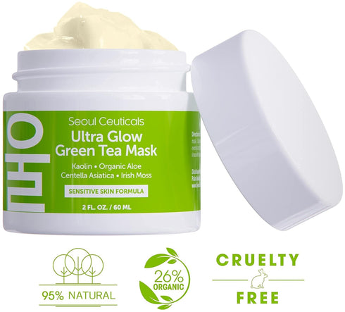 SeoulCeuticals Korean Skin Care Face Mask for Sensitive Skin - Green Tea Wash Off Masks + Aloe Vera and Centella Spa