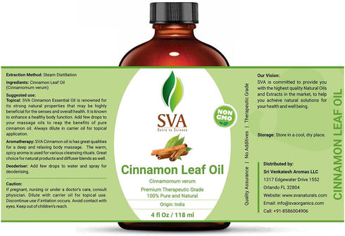 SVA Cinnamon Leaf Oil 4Oz (118 ml) Premium Essential Oil With Dropper For Diffuser, Aromatherapy, Skin Care, Hair Care & Body Massage