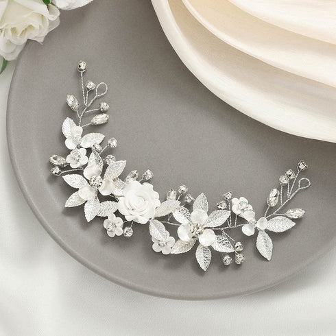 Unicra Silver Flower Bride Wedding Hair Vine Pearl Bridal Hair Piece Rhinestone Headband for Women and Girls