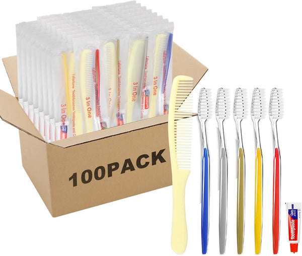 100 Pack Disposable Toothbrushes with Toothpaste and Comb for Homeless, Individually Wrapped for Hotel, Shelter,