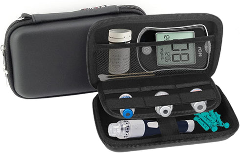 Small Hard Shell Diabetic Travel Case, Organizer Bag for Glucose Meter, Testing Strips, Lancets, Black