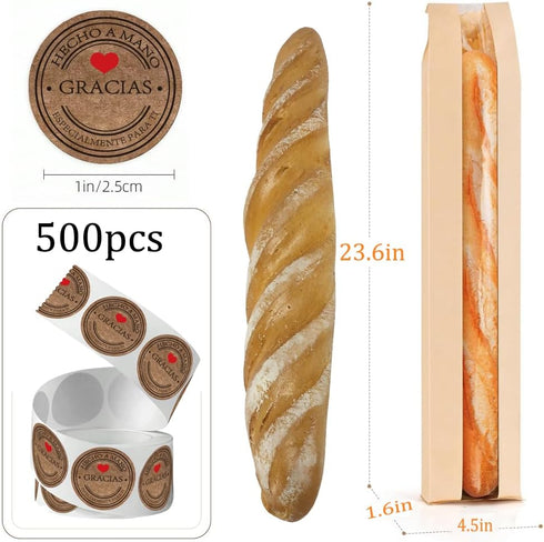 PEOKPIPLE 500 60-Pack 4.5 1.6 23.6 Inch Packaging Bread Bags for Homemade Bread with Labels, x x Paper Bags for Bread