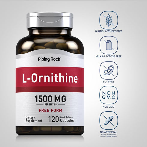 Piping Rock L-Ornithine 1500 mg - 120 Non-GMO Gluten Free Capsules - Free Form Supplement for Muscle Support
