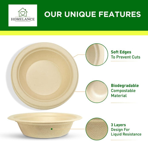 Compostable 12 OZ/350ml Bowls, 150Pcs Bamboo & Bagasse Disposable Bowls for Hot Soup, Microwave Safe
