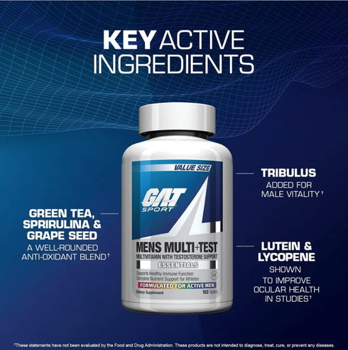 GAT SPORT Men's Multi + Test, 60 Count, Premium Multivitamin Tablets