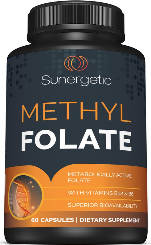 Sunergetic Premium Methyl Folate Supplement – Methylated Vitamin B12 and B6, 400 mcg per Capsule – 60 Capsules