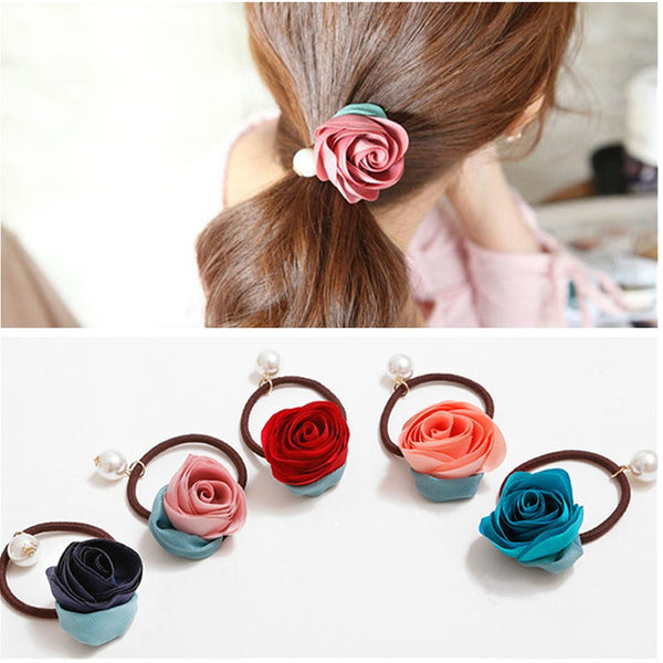 Ruihfas 5Pcs Girls Women Hair Accessories - Pearls Flower Elastic Hair Ties, Headbands & Ponytail Holders