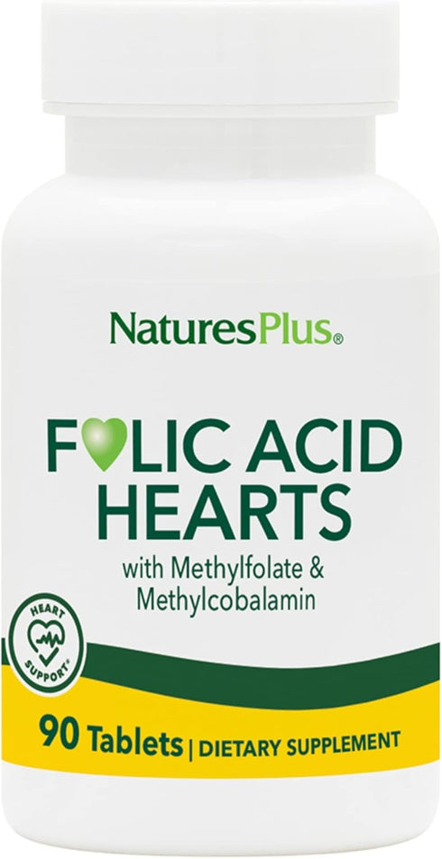 Natures Plus Folic Acid Hearts (Methylfolate) 400 mcg, 90 Vegetarian Tablets, with Vitamin B6 & B12, Gluten-Free