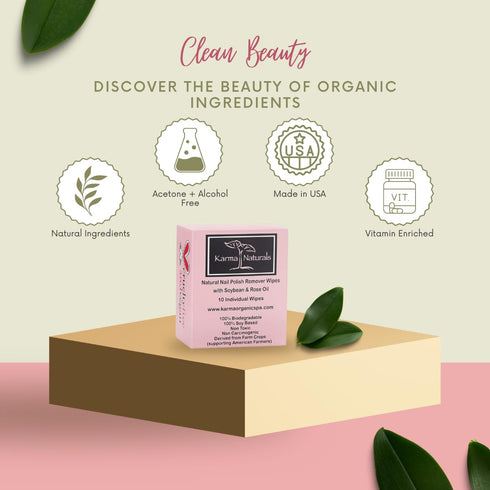 Karma Organic Natural Nail Polish Remover Wipes, 100% Soy Based, Non-Toxic, Vegan, Cruelty-Free – Pack of 10