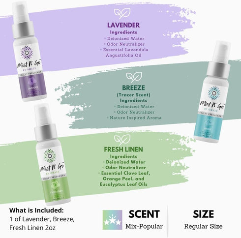 Mist N' Go by OMAZE Pack of 3 Scent Toilet Spray for Poop - Bathroom Spray Odor Eliminator Use Before You Sit On Toilet - Bathroom Poop Spray For Toilet Use - Mix Popular Regular Size (2oz x3)