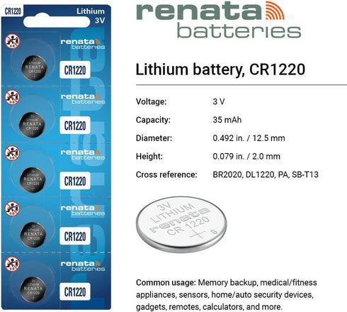 Renata CR1220 3V 1220 (2 Count) Batteries - Lithium Coin Cell Battery
