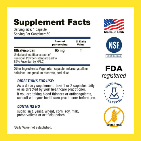 Fucoidan Supplement 65mg - 60 Capsules, Brown Seaweed Extract for Gut Health, Cardiovascular Health, Immune Support