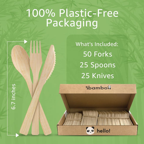 Bamboo Cutlery Set - 100 Biodegradable Utensils (50 Forks, 25 Spoons, 25 Knives), Compostable Eco-Friendly Flatware