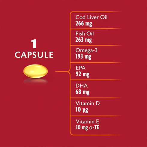 Seven Seas Cod Liver Oil High Strength, Omega 3 Plus Vitamins D & E, 120 Capsules