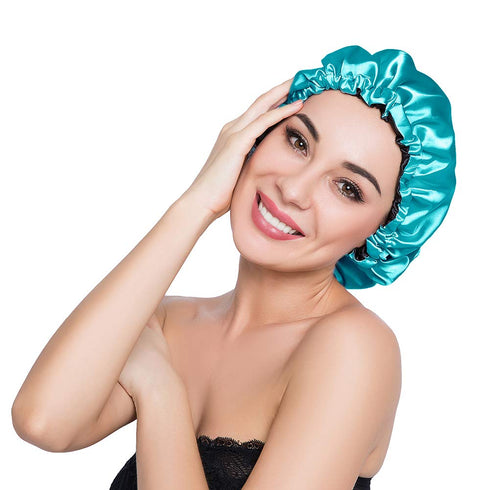 Stain Bonnet Silky Adjustable Satin Sleep Cap for Night Sleeping Hair Bonnet, Reversible Peacock Blue/Black