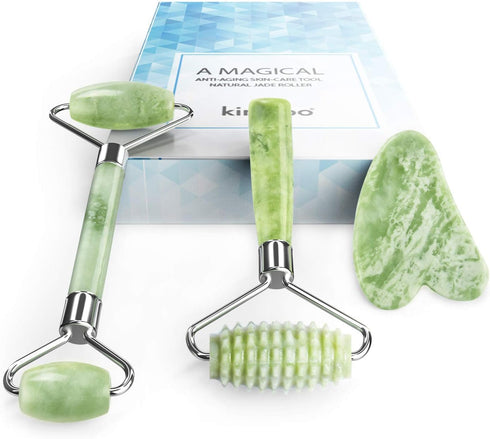 kimkoo 3 in 1 Jade Roller and Gua Sha Kit, 100% Real Natural Jade Stone Facial Massager Tool for Anti Aging