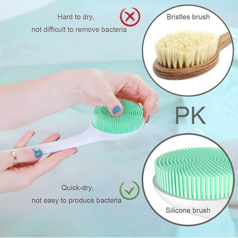 Silicone Body Scrubber Exfoliator - Long Handle Shower Brush with Soft Bristles, BPA Free, Non-Slip