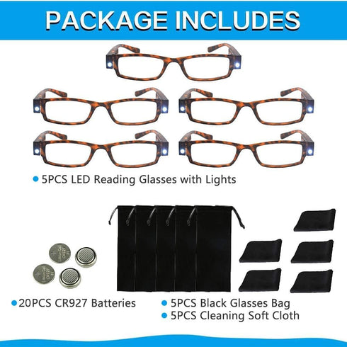 Reading Glasses with Bright LED Lights, Lighted Magnifier, Compact Full Frame Eyewear, 5PCS (Brown, +300)