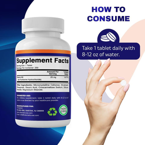 Vitamatic Vitamin B6 (Pyridoxine HCI) 25 mg, 250 Vegetarian Tablets | Promotes Energy Production and Immune Health