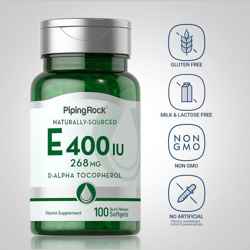 Piping Rock Vitamin E 400 IU Softgels, 268mg, 100 Softgel Capsules, D-Alpha Tocopherol, Non-GMO, Gluten Free