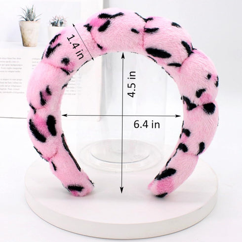 Spa Headbands for Washing Face or Makeup, Sponge Bubble Skincare Headbands, Puffy Terry Cloth Hairband for Women, Skin Care Makeup Headwear Hair Accessories for Girls (Leopard Pink)