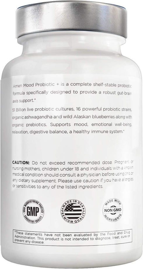 Amen Mood Probiotic Supplement 51 Billion CFU - Organic Prebiotics and Probiotics, Vegan & Non-GMO, 60 Capsules