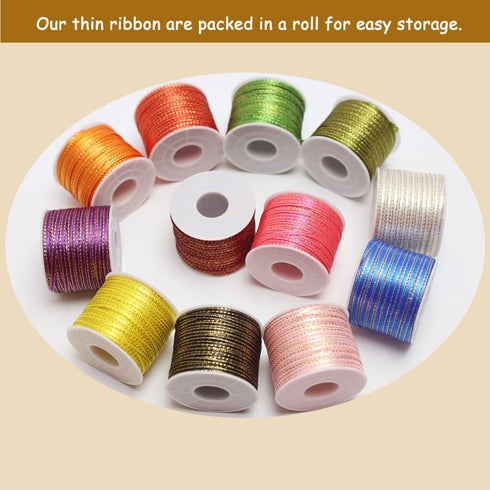 1/8" Assorted Satin Ribbon with Gold Edge Solid, 1000 Yards 3mm Continuous Thin Ribbon for Gift Wrapping, DIY Crafts,
