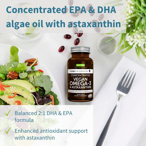Pure & Essential Vegan Omega 3 & Astaxanthin, High Concentration EPA DHA Algae Oil, Non-GMO, Sustainable & Pure, 600mg DHA & EPA for Heart, Brain & Eyes, 60 Small Softgels