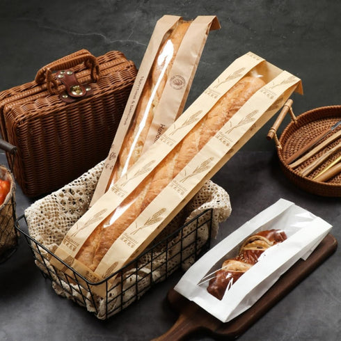 XZJMY 50 Pack 23"x4"x1.6" 64 Paper Bread Bag,Baguette Kraft Bags Bakery Storage Bag with Clear Front Window and Pcs