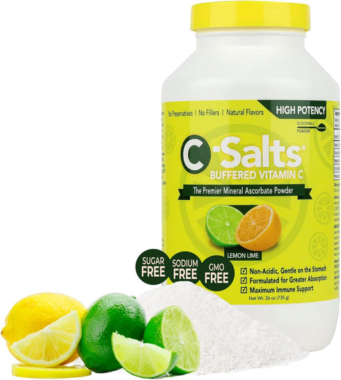 Buffered Vitamin C Powder Supplement, High Absorption Immune Support Drink, Organic, Vegan, Sugar-Free, Lemon Lime 26oz