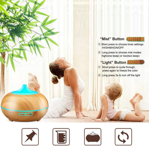 JoySusie 500ml 4 Settings, Aroma Essential Oil Diffuser, Wood Grain Ultrasonic Cool Mist Whisper-Quiet Humidifier