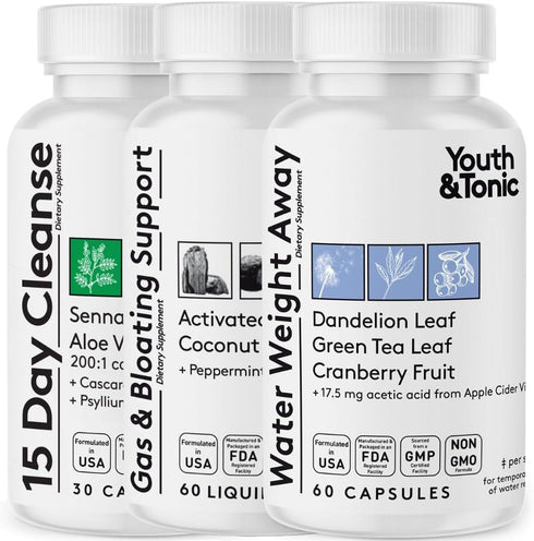 Youth & Tonic 3X Belly Bloating Pills, 150 Capsules for Puffiness, Water Debloat, Stomach, Gut & Colon Cleanse Detox