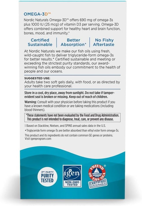 Nordic Naturals Omega-3D, 60 Soft Gels, Lemon Flavor, 690 mg Omega-3 + 1000 IU Vitamin D3